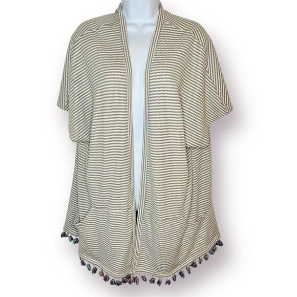 Main Strip Stripe Waffle Cardigan Tassel Hem Open M - Picture 1 of 10